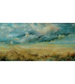 Ochre and Azure Horizon, original painting by Iryna Malynovska, 2025, size 50 x 100 cm.