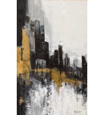 Iryna Malynovska, L’Or des Silences Urbains, 2026, toile de lin, encadrement bois, 80 × 130 cm, signé en bas à droite
