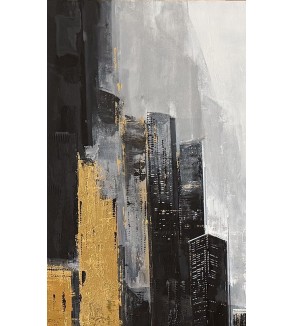 Iryna Malynovska, L’Or des Silences Urbains, 2026, toile de lin, encadrement bois, 80 × 130 cm, signé en bas à droite