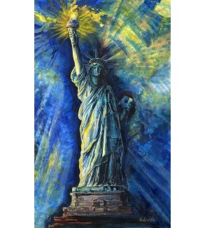 Iryna Malynovska, Statue de la Liberté, Flambeau d’Azur, 2026, toile de lin, encadrement bois, format P120 114 × 194 cm