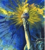 Iryna Malynovska, Statue de la Liberté, Flambeau d’Azur, 2026, toile de lin, encadrement bois, format P120 114 × 194 cm