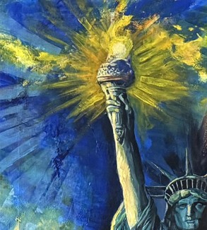 Iryna Malynovska, Statue de la Liberté, Flambeau d’Azur, 2026, toile de lin, encadrement bois, format P120 114 × 194 cm