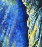 Iryna Malynovska, Statue de la Liberté, Flambeau d’Azur, 2026, toile de lin, encadrement bois, format P120 114 × 194 cm