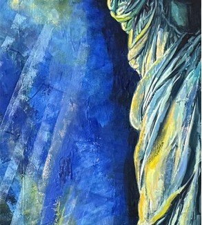 Iryna Malynovska, Statue de la Liberté, Flambeau d’Azur, 2026, toile de lin, encadrement bois, format P120 114 × 194 cm