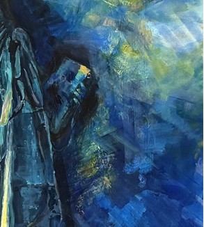 Iryna Malynovska, Statue de la Liberté, Flambeau d’Azur, 2026, toile de lin, encadrement bois, format P120 114 × 194 cm