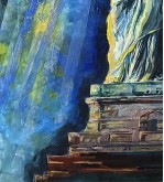 Iryna Malynovska, Statue de la Liberté, Flambeau d’Azur, 2026, toile de lin, encadrement bois, format P120 114 × 194 cm