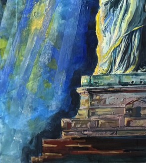 Iryna Malynovska, Statue de la Liberté, Flambeau d’Azur, 2026, toile de lin, encadrement bois, format P120 114 × 194 cm