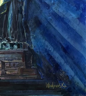 Iryna Malynovska, Statue de la Liberté, Flambeau d’Azur, 2026, toile de lin, encadrement bois, format P120 114 × 194 cm