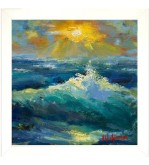 Le Chant de l’Écume, tableau original d’Iryna Malynovska représentant une mer lumineuse avec vague, écume et soleil doré