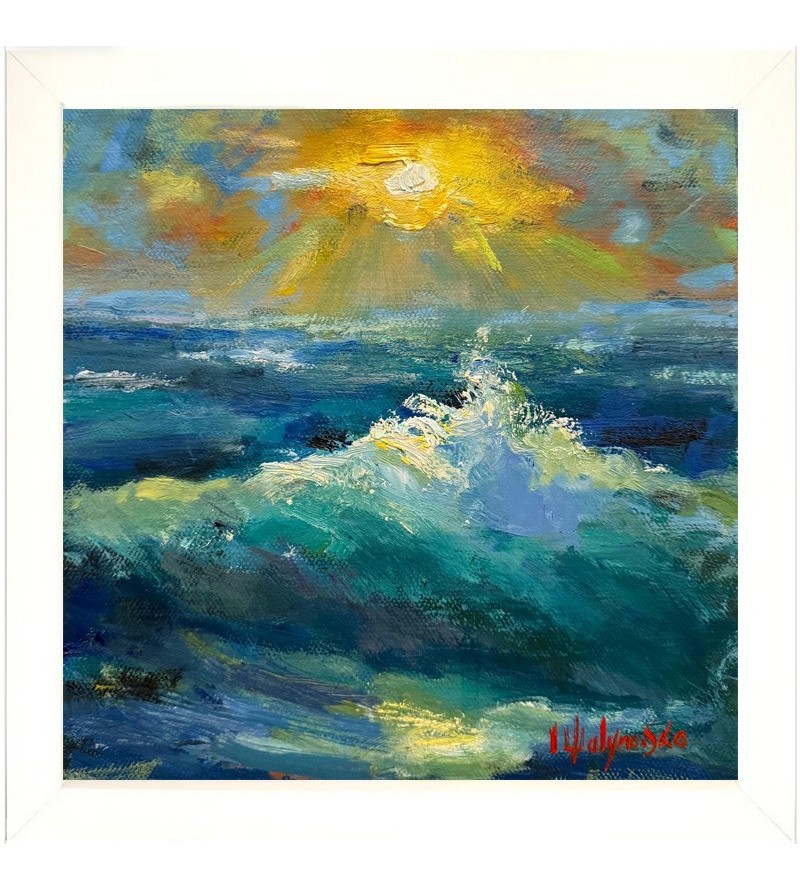Le Chant de l’Écume, tableau original d’Iryna Malynovska représentant une mer lumineuse avec vague, écume et soleil doré