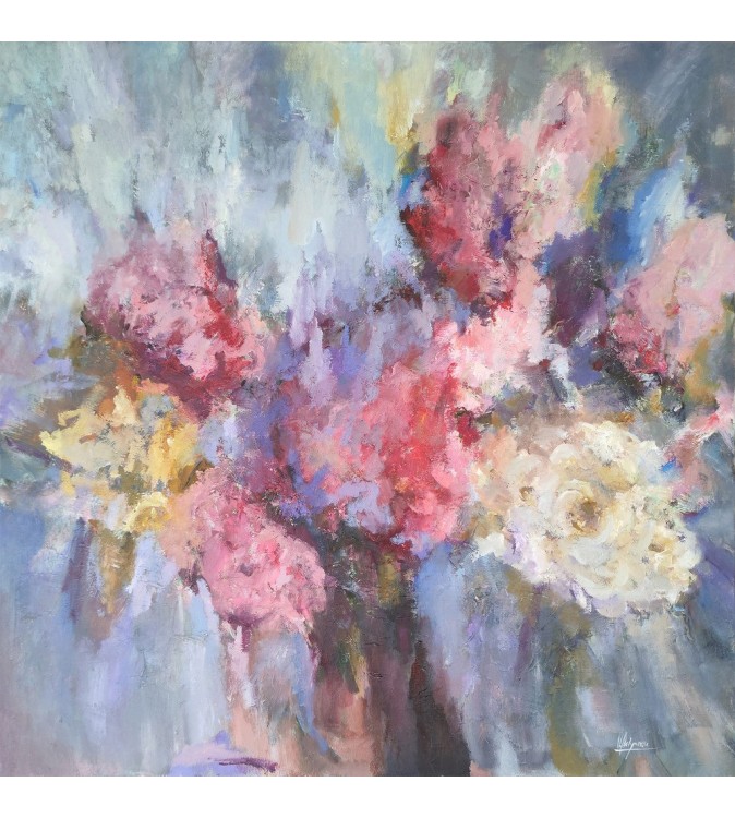 Bouquet de fleurs roses sur fond bleu, peinture à l’huile d’Iryna Malynovska